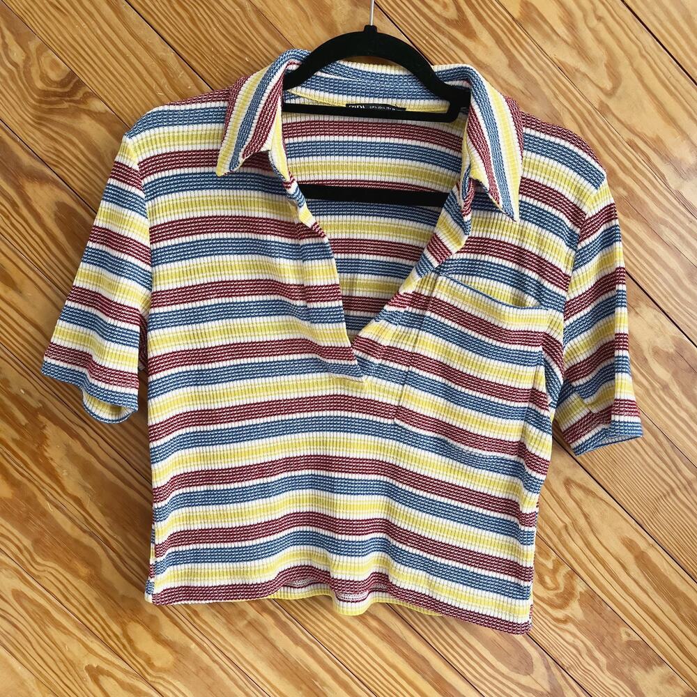ZARA Striped Ribbed Crop Polo Shirt